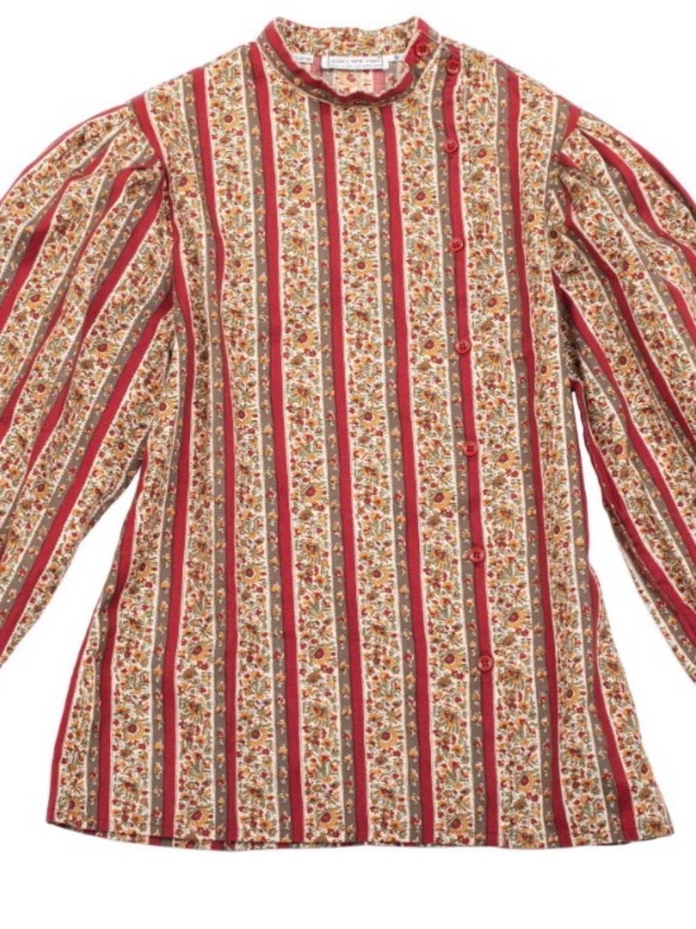 Vintage Jones New York Cotton Puff Sleeve Blouse in Red Polonaise Floral Stripe